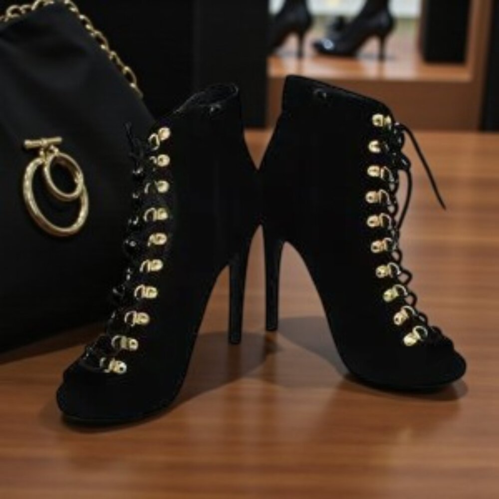 EUC Charlotte Russe Evelyn-56 Lace Up Peep Toe Ankle Bootie Black - Picture 2 of 6